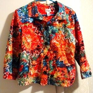 Chicos Women 2 Embroidered Silk Cotton Brocade Button Up Jacket Floral Multi